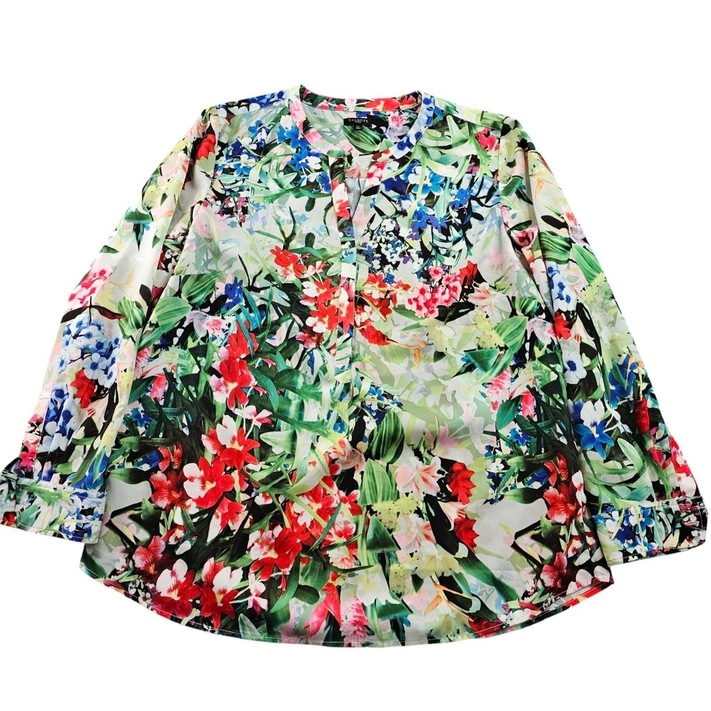 Talbots Tunic Blouse Top Womens Petite Large Multi Floral Long Sleeve Split Neck